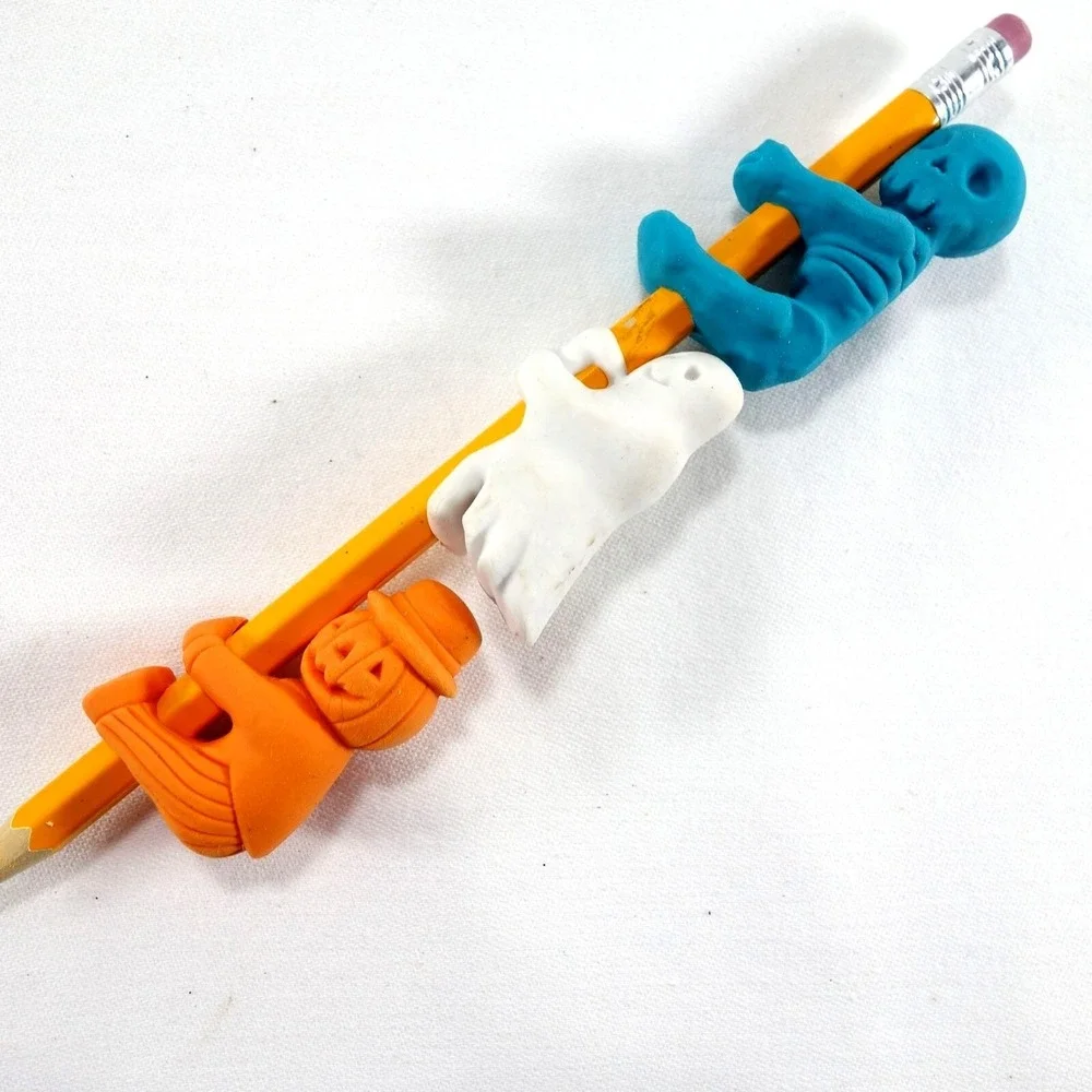 Halloween Pencil Topper Erasers 10pc Multi Ghost Skeleton Pumpkin 90s